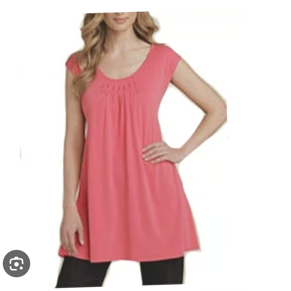 Eileen Fisher Coral Pink Pleated Neck Cap Sleeve Tunic Top XL 100%Silk designer
